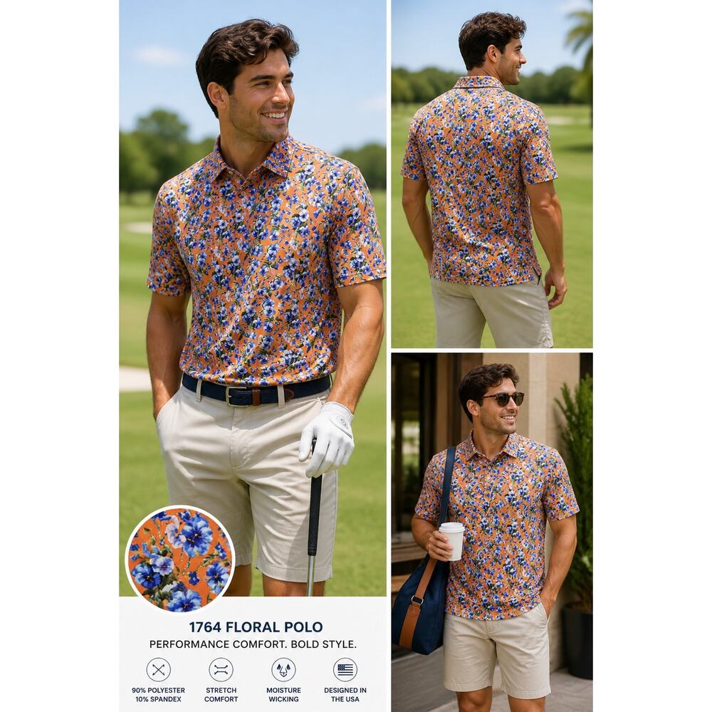 1764 Floral Polo Shirt XL Orange Blue Print Performance Stretch Golf Casual